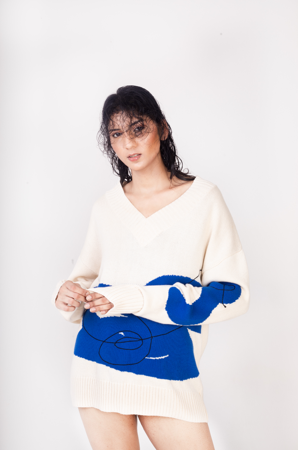 V Neck Embroidered Doodle Sweater