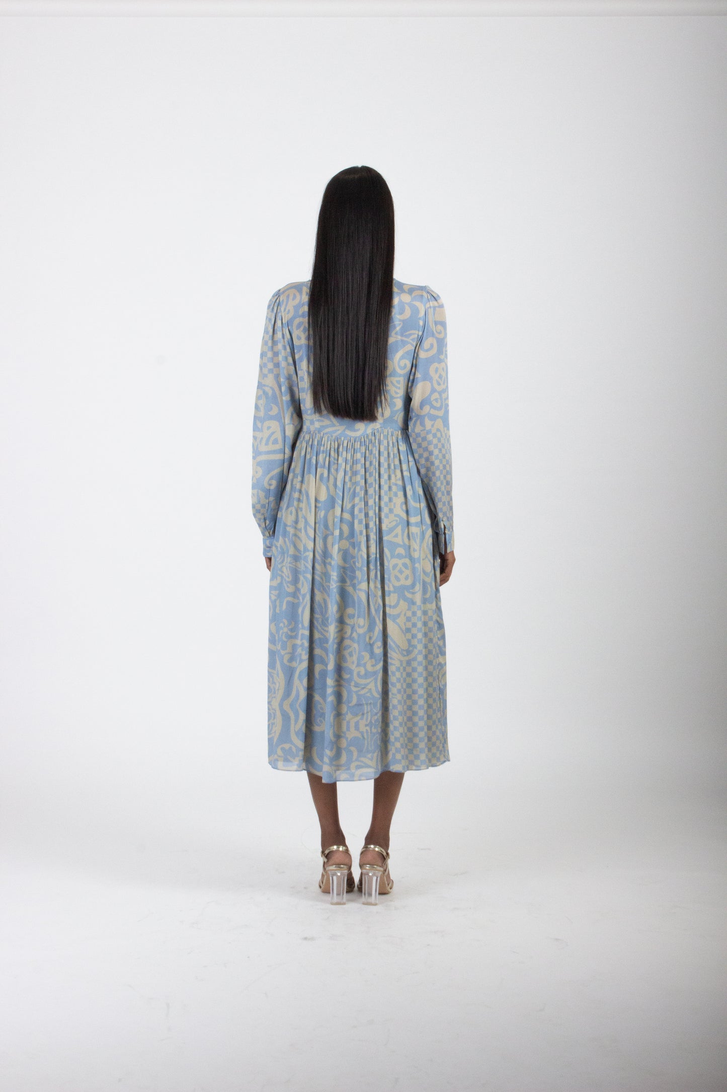 Blue and Beige Printed Silk Dress