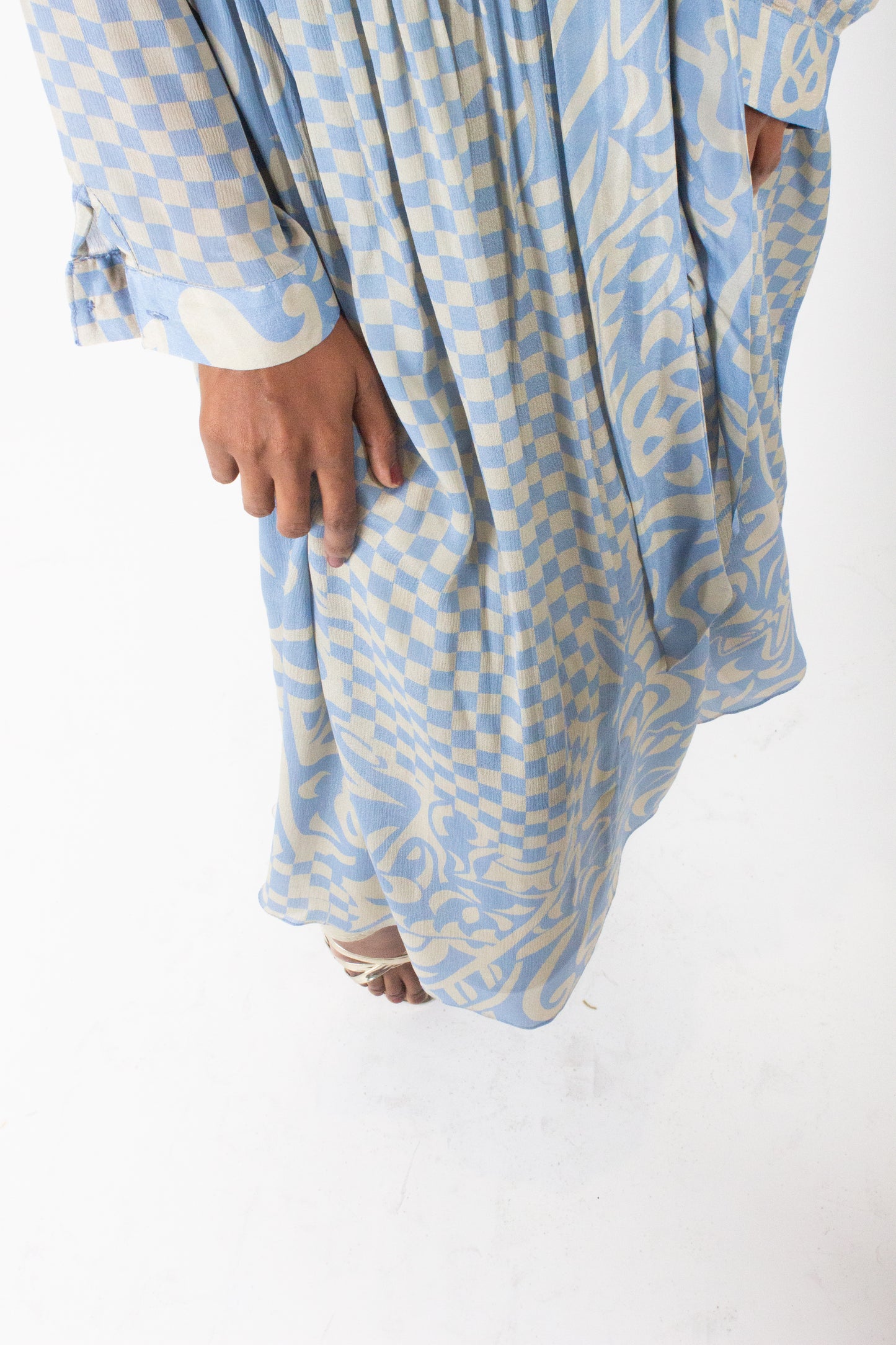 Blue and Beige Printed Silk Dress