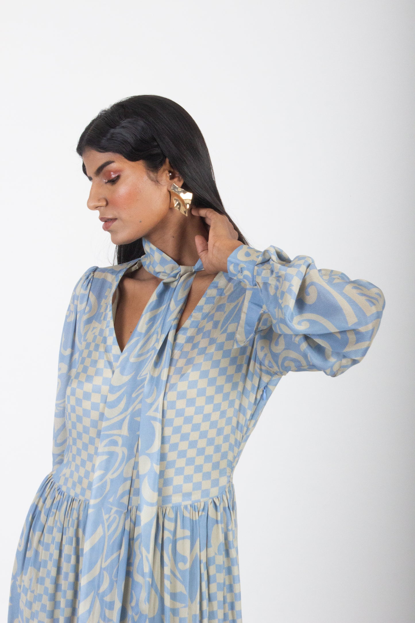 Blue and Beige Printed Silk Dress