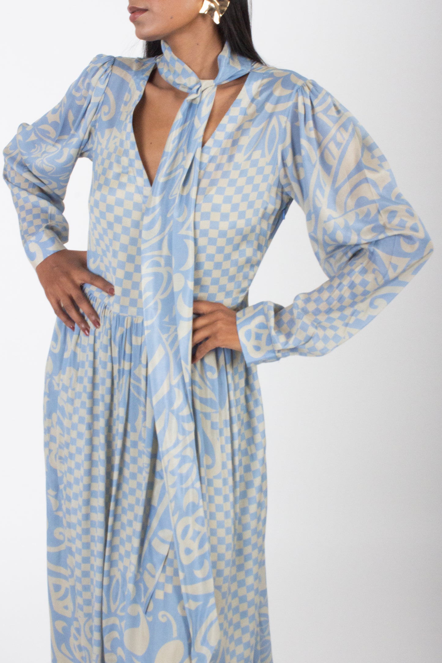Blue and Beige Printed Silk Dress