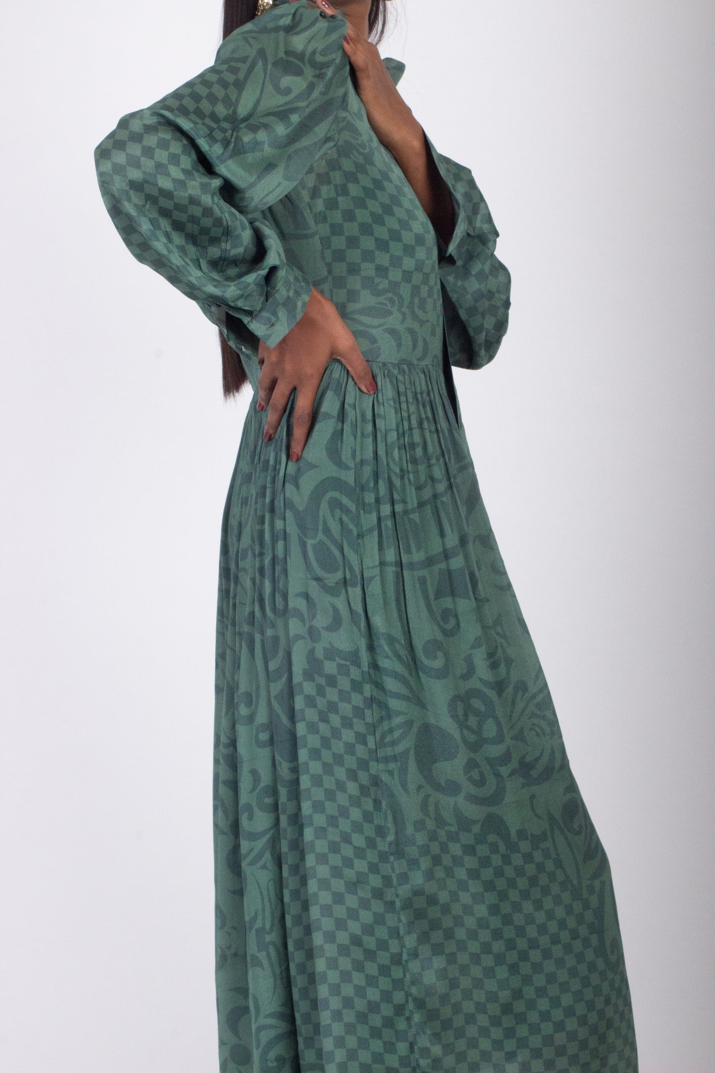 Olive Printed Silk Dress