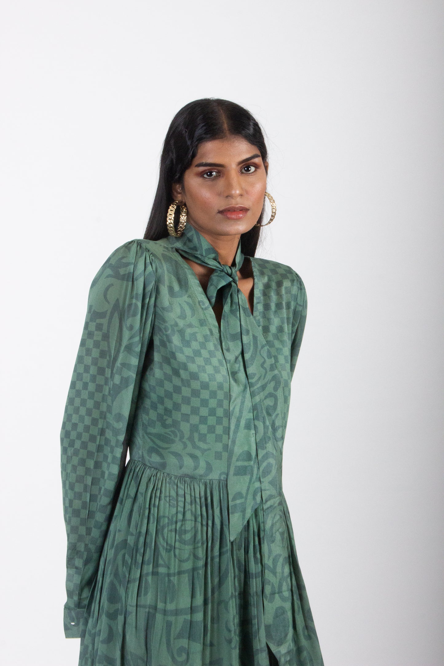 Olive Printed Silk Dress