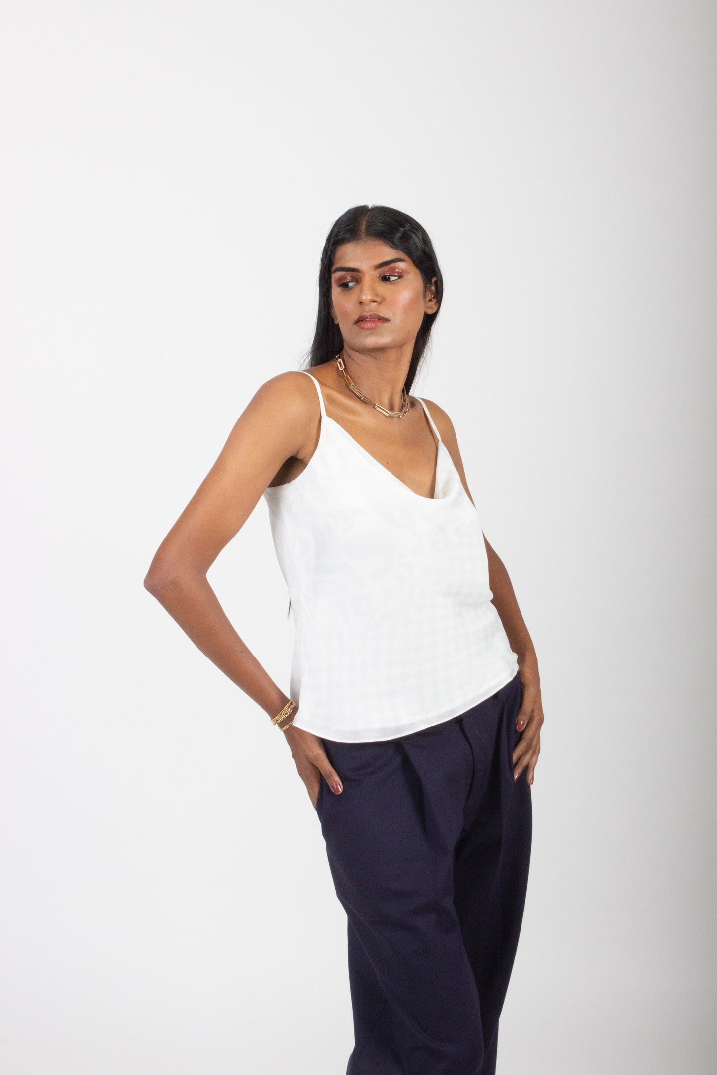 Ivory Printed Silk Cowl Top