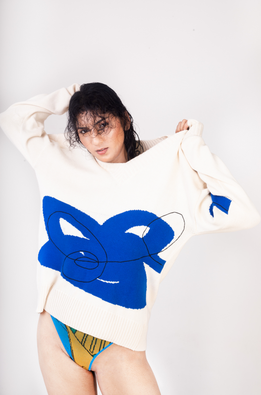 V Neck Embroidered Doodle Sweater