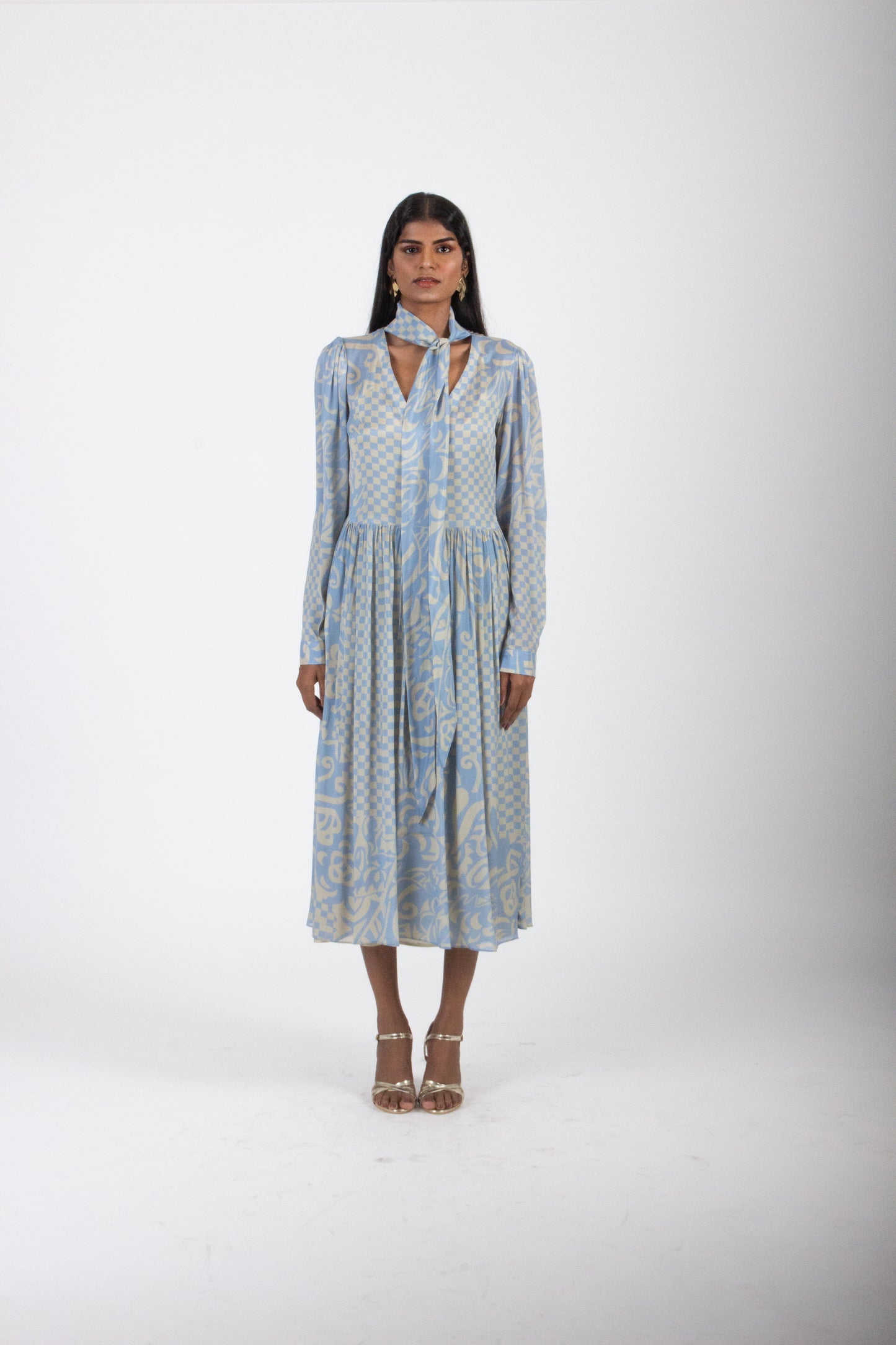 Blue and Beige Printed Silk Dress
